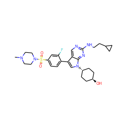 CN1CCN(S(=O)(=O)c2ccc(-c3cn([C@H]4CC[C@H](O)CC4)c4nc(NCCC5CC5)ncc34)c(F)c2)CC1 ZINC000299829792