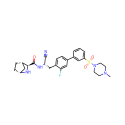 CN1CCN(S(=O)(=O)c2cccc(-c3ccc(C[C@@H](C#N)NC(=O)[C@H]4N[C@@H]5CC[C@H]4C5)c(F)c3)c2)CC1 ZINC000219301217