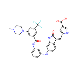 CN1CCN(c2cc(C(=O)Nc3cccc(Nc4ccc5c(c4)NC(=O)/C5=C\c4cc(C(=O)O)c[nH]4)c3)cc(C(F)(F)F)c2)CC1 ZINC000084652349