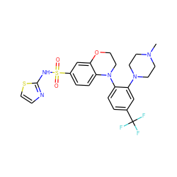 CN1CCN(c2cc(C(F)(F)F)ccc2N2CCOc3cc(S(=O)(=O)Nc4nccs4)ccc32)CC1 ZINC000205728795