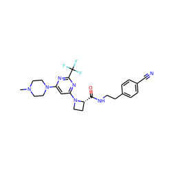 CN1CCN(c2cc(N3CC[C@H]3C(=O)NCCc3ccc(C#N)cc3)nc(C(F)(F)F)n2)CC1 ZINC000169310246