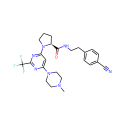 CN1CCN(c2cc(N3CCC[C@H]3C(=O)NCCc3ccc(C#N)cc3)nc(C(F)(F)F)n2)CC1 ZINC000169310243