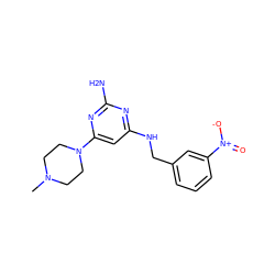 CN1CCN(c2cc(NCc3cccc([N+](=O)[O-])c3)nc(N)n2)CC1 ZINC000045353782