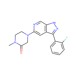 CN1CCN(c2cc3c(-c4ccccc4F)n[nH]c3cn2)CC1=O ZINC000205254662