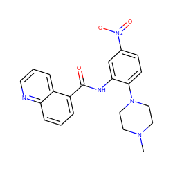 CN1CCN(c2ccc([N+](=O)[O-])cc2NC(=O)c2cccc3ncccc23)CC1 ZINC000095589948