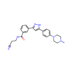 CN1CCN(c2ccc(-c3cc(-c4cccc(C(=O)NCCC#N)c4)n[nH]3)cc2)CC1 ZINC000066080524