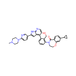 CN1CCN(c2ccc(-c3cc4c(-c5cccc(N6CCOc7cc(C8CC8)ccc7C6=O)c5CO)ccnc4[nH]3)cn2)CC1 ZINC000148687077