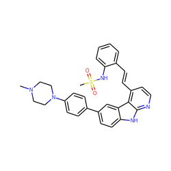 CN1CCN(c2ccc(-c3ccc4[nH]c5nccc(/C=C/c6ccccc6NS(C)(=O)=O)c5c4c3)cc2)CC1 ZINC000147248695