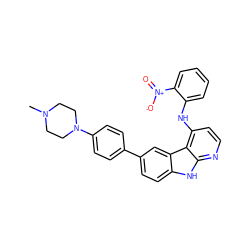 CN1CCN(c2ccc(-c3ccc4[nH]c5nccc(Nc6ccccc6[N+](=O)[O-])c5c4c3)cc2)CC1 ZINC000147268963