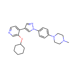 CN1CCN(c2ccc(-n3cc(-c4ccncc4OC4CCCCC4)cn3)cc2)CC1 ZINC000653899321