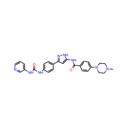 CN1CCN(c2ccc(C(=O)Nc3cc(-c4ccc(NC(=O)Nc5cccnc5)cc4)n[nH]3)cc2)CC1 ZINC000096270666