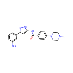 CN1CCN(c2ccc(C(=O)Nc3cc(-c4cccc(N)c4)n[nH]3)cc2)CC1 ZINC000072179564