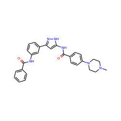 CN1CCN(c2ccc(C(=O)Nc3cc(-c4cccc(NC(=O)c5ccccc5)c4)n[nH]3)cc2)CC1 ZINC000072177766