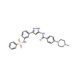 CN1CCN(c2ccc(C(=O)Nc3cc(-c4cccc(NS(=O)(=O)c5ccccc5)c4)n[nH]3)cc2)CC1 ZINC000072178031