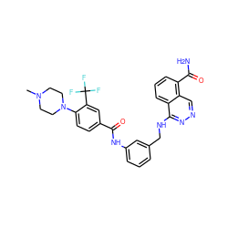 CN1CCN(c2ccc(C(=O)Nc3cccc(CNc4nncc5c(C(N)=O)cccc45)c3)cc2C(F)(F)F)CC1 ZINC000166979136