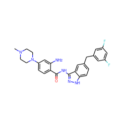 CN1CCN(c2ccc(C(=O)Nc3n[nH]c4ccc(Cc5cc(F)cc(F)c5)cc34)c(N)c2)CC1 ZINC000148748172