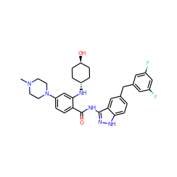 CN1CCN(c2ccc(C(=O)Nc3n[nH]c4ccc(Cc5cc(F)cc(F)c5)cc34)c(N[C@H]3CC[C@H](O)CC3)c2)CC1 ZINC000653861694