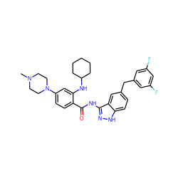 CN1CCN(c2ccc(C(=O)Nc3n[nH]c4ccc(Cc5cc(F)cc(F)c5)cc34)c(NC3CCCCC3)c2)CC1 ZINC000043204149