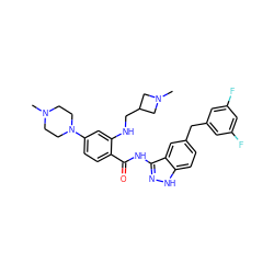 CN1CCN(c2ccc(C(=O)Nc3n[nH]c4ccc(Cc5cc(F)cc(F)c5)cc34)c(NCC3CN(C)C3)c2)CC1 ZINC000200763152