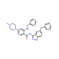 CN1CCN(c2ccc(C(=O)Nc3n[nH]c4ccc(Cc5cc(F)cc(F)c5)cc34)c(NCc3ccccc3)c2)CC1 ZINC000148804848