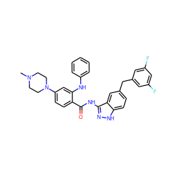 CN1CCN(c2ccc(C(=O)Nc3n[nH]c4ccc(Cc5cc(F)cc(F)c5)cc34)c(Nc3ccccc3)c2)CC1 ZINC000148544262