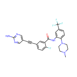 CN1CCN(c2ccc(C(F)(F)F)cc2NC(=O)c2cc(C#Cc3cnc(N)nc3)ccc2F)CC1 ZINC000014957145