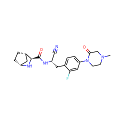 CN1CCN(c2ccc(C[C@@H](C#N)NC(=O)[C@H]3N[C@@H]4CC[C@H]3C4)c(F)c2)C(=O)C1 ZINC000219310689