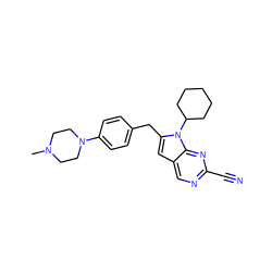 CN1CCN(c2ccc(Cc3cc4cnc(C#N)nc4n3C3CCCCC3)cc2)CC1 ZINC000028958175