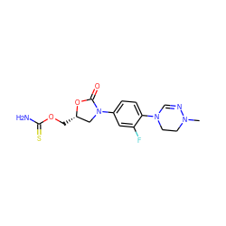 CN1CCN(c2ccc(N3C[C@H](COC(N)=S)OC3=O)cc2F)C=N1 ZINC000096922451