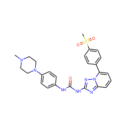 CN1CCN(c2ccc(NC(=O)Nc3nc4cccc(-c5ccc(S(C)(=O)=O)cc5)n4n3)cc2)CC1 ZINC000096169615