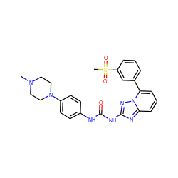 CN1CCN(c2ccc(NC(=O)Nc3nc4cccc(-c5cccc(S(C)(=O)=O)c5)n4n3)cc2)CC1 ZINC000096169614