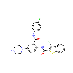 CN1CCN(c2ccc(NC(=O)c3sc4ccccc4c3Cl)c(C(=O)Nc3ccc(Cl)cc3)c2)CC1 ZINC000027558552