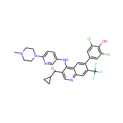 CN1CCN(c2ccc(Nc3c(C(=O)C4CC4)cnc4cc(C(F)(F)F)c(-c5cc(Cl)c(O)c(Cl)c5)cc34)cn2)CC1 ZINC000219362708