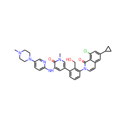 CN1CCN(c2ccc(Nc3cc(-c4cccc(-n5ccc6cc(C7CC7)cc(Cl)c6c5=O)c4CO)cn(C)c3=O)nc2)CC1 ZINC000116946531