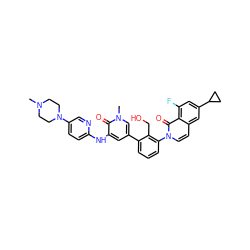 CN1CCN(c2ccc(Nc3cc(-c4cccc(-n5ccc6cc(C7CC7)cc(F)c6c5=O)c4CO)cn(C)c3=O)nc2)CC1 ZINC000072319591