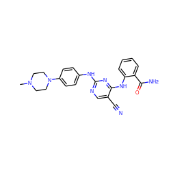 CN1CCN(c2ccc(Nc3ncc(C#N)c(Nc4ccccc4C(N)=O)n3)cc2)CC1 ZINC000052996403