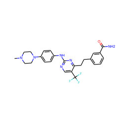 CN1CCN(c2ccc(Nc3ncc(C(F)(F)F)c(CCc4cccc(C(N)=O)c4)n3)cc2)CC1 ZINC000147744036