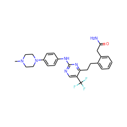 CN1CCN(c2ccc(Nc3ncc(C(F)(F)F)c(CCc4ccccc4CC(N)=O)n3)cc2)CC1 ZINC000147800486