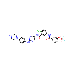 CN1CCN(c2ccc(Nc3ncc(NC(=O)c4cc(NC(=O)c5ccc6c(c5)OC(F)(F)O6)ccc4Cl)cn3)cc2)CC1 ZINC000053050595