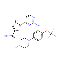 CN1CCN(c2ccc(OC(F)(F)F)c(Nc3nccc(-c4cc(C(N)=O)cn4C)n3)c2)CC1 ZINC000073219127