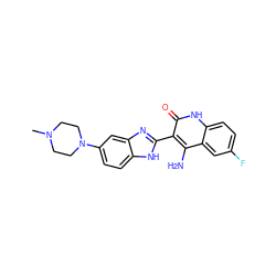 CN1CCN(c2ccc3[nH]c(-c4c(N)c5cc(F)ccc5[nH]c4=O)nc3c2)CC1 ZINC000040975626