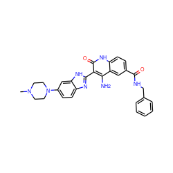 CN1CCN(c2ccc3nc(-c4c(N)c5cc(C(=O)NCc6ccccc6)ccc5[nH]c4=O)[nH]c3c2)CC1 ZINC000040429095