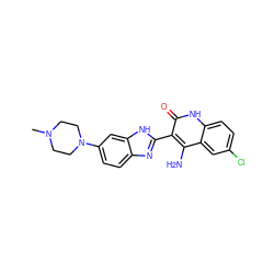 CN1CCN(c2ccc3nc(-c4c(N)c5cc(Cl)ccc5[nH]c4=O)[nH]c3c2)CC1 ZINC000040428808