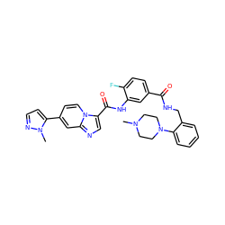 CN1CCN(c2ccccc2CNC(=O)c2ccc(F)c(NC(=O)c3cnc4cc(-c5ccnn5C)ccn34)c2)CC1 ZINC000142346083