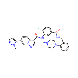 CN1CCN(c2ccccc2CNC(=O)c2ccc(F)c(NC(=O)c3cnn4cc(-c5ccnn5C)ccc34)c2)CC1 ZINC000142396561