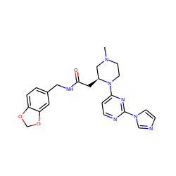 CN1CCN(c2ccnc(-n3ccnc3)n2)[C@@H](CC(=O)NCc2ccc3c(c2)OCO3)C1 ZINC000028604301