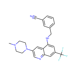 CN1CCN(c2cnc3cc(C(F)(F)F)cc(NCc4cccc(C#N)c4)c3c2)CC1 ZINC000169328735