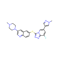 CN1CCN(c2cnc3ccc(Sc4nnc5c(F)cc(-c6cnn(C)c6)cn45)cc3c2)CC1 ZINC000204946430