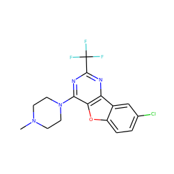 CN1CCN(c2nc(C(F)(F)F)nc3c2oc2ccc(Cl)cc23)CC1 ZINC000038238520