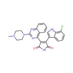 CN1CCN(c2nc(C3=C(c4c[nH]c5c(Cl)cccc45)C(=O)NC3=O)c3ccccc3n2)CC1 ZINC000095575999